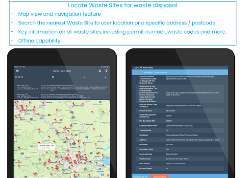Locate waste sites via location or waste codes while out on the field with ease.